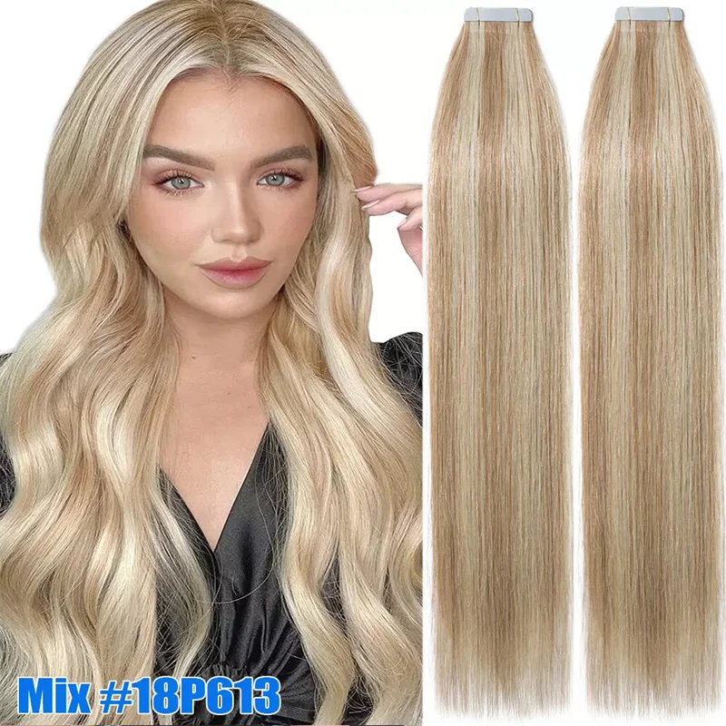 HAIRTIME New Listing #18P/613 Tape In Human Hair Extensions Double Drawn 100% Remy Hair Full Head 20PCS