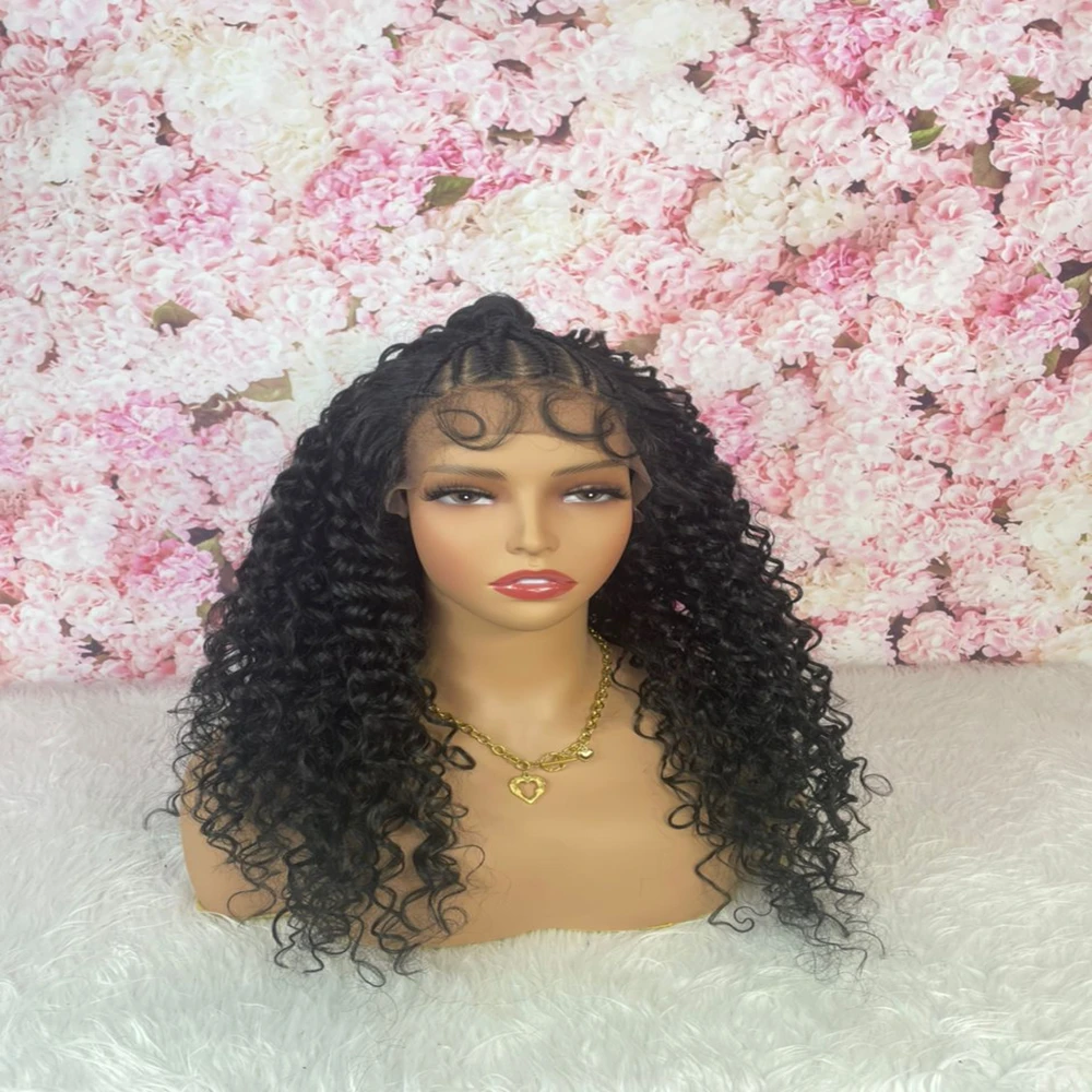 カーリーアフリカンボックスブレイズスタイル合成レースフロントウィッグ、ベビーヘア付き黒人女性用レースフロントウィッグ