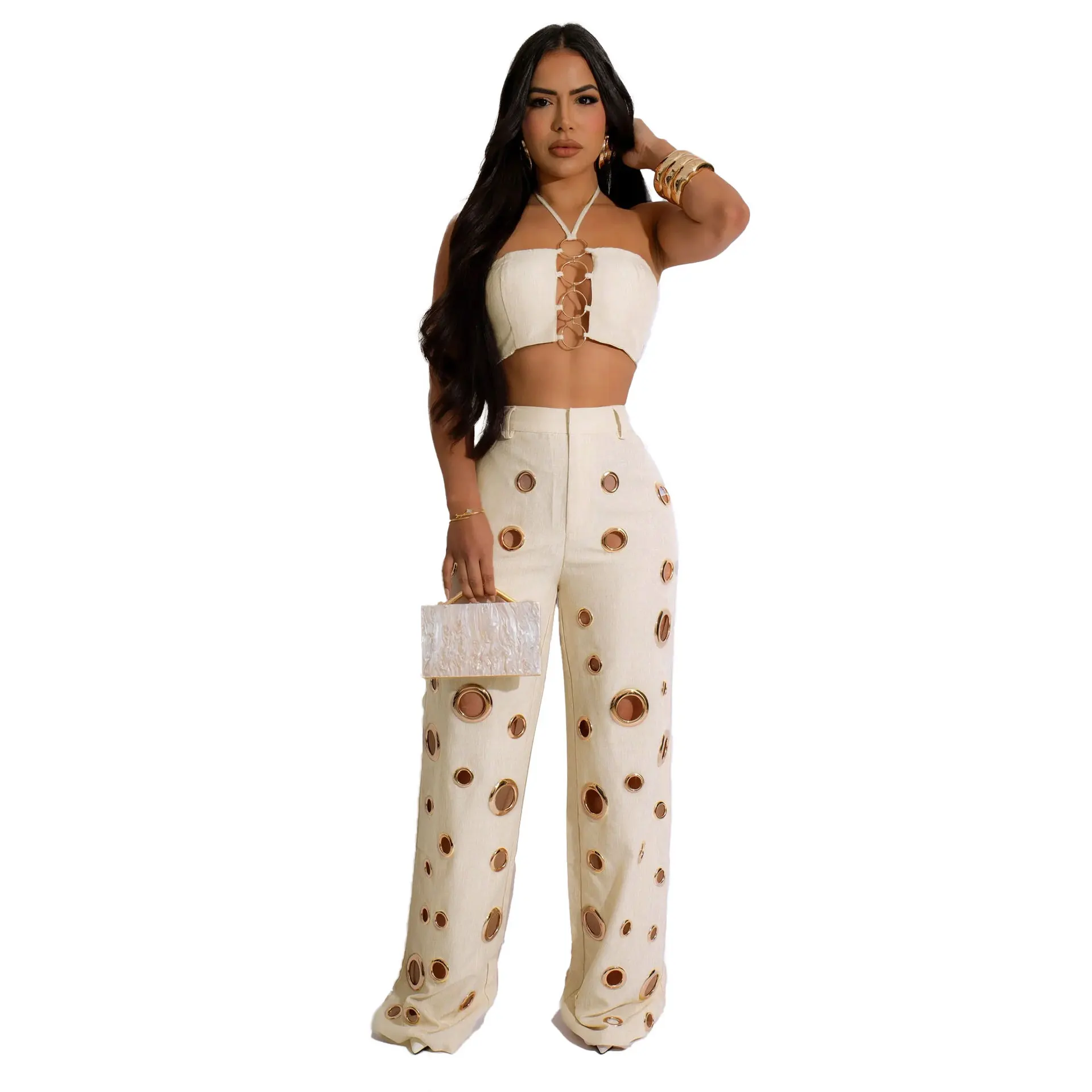 Metal Ring Hollow Out Two Piece Set Women Sexy Strapless Lace Up Halter Backless Crop Tops + Wide Leg Pants Casual Street Suits