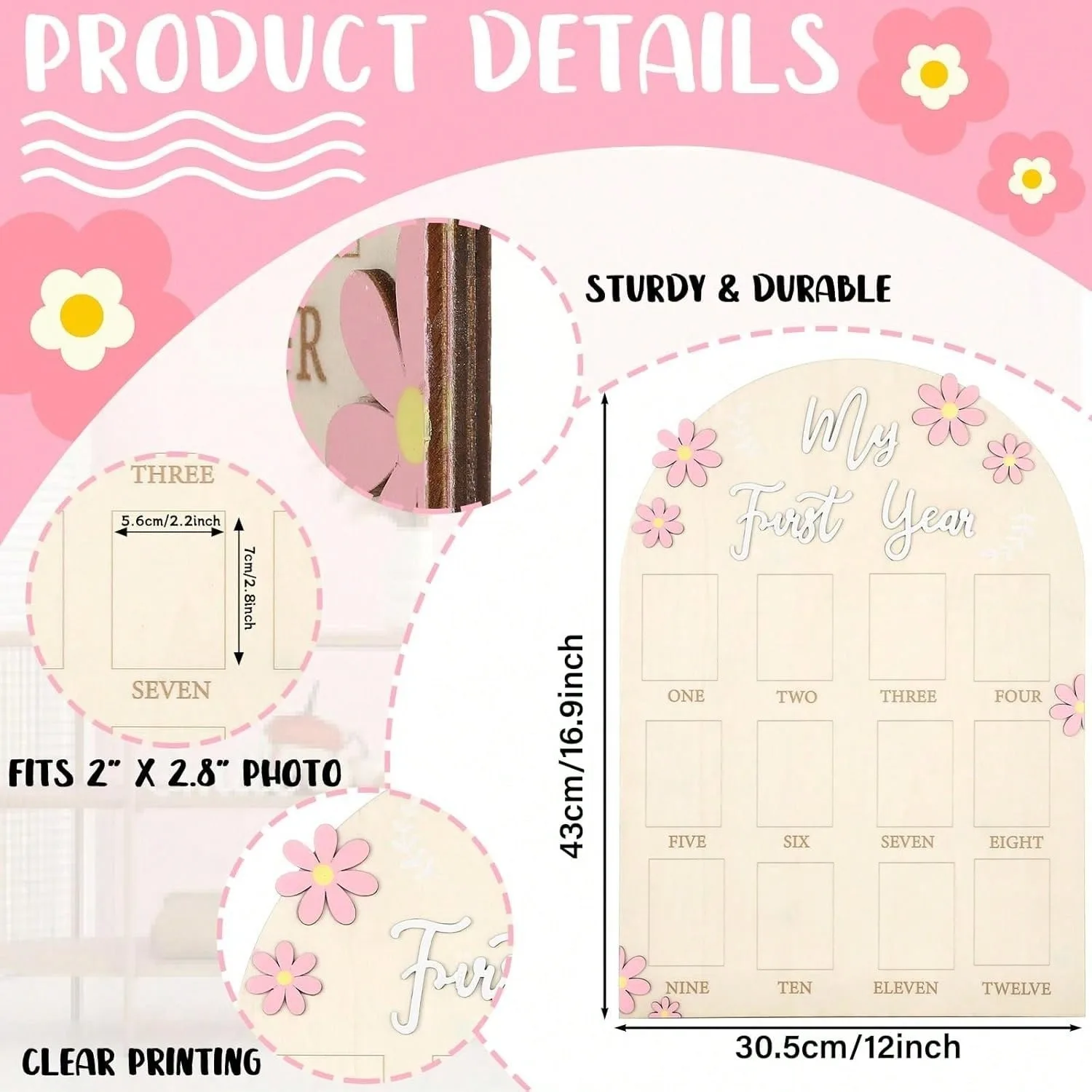 Pink Flower Wooden Photo Board 12 Months Milestone Frame Baby Birthday Keepsake Growth Record Picture Display Decor Gift