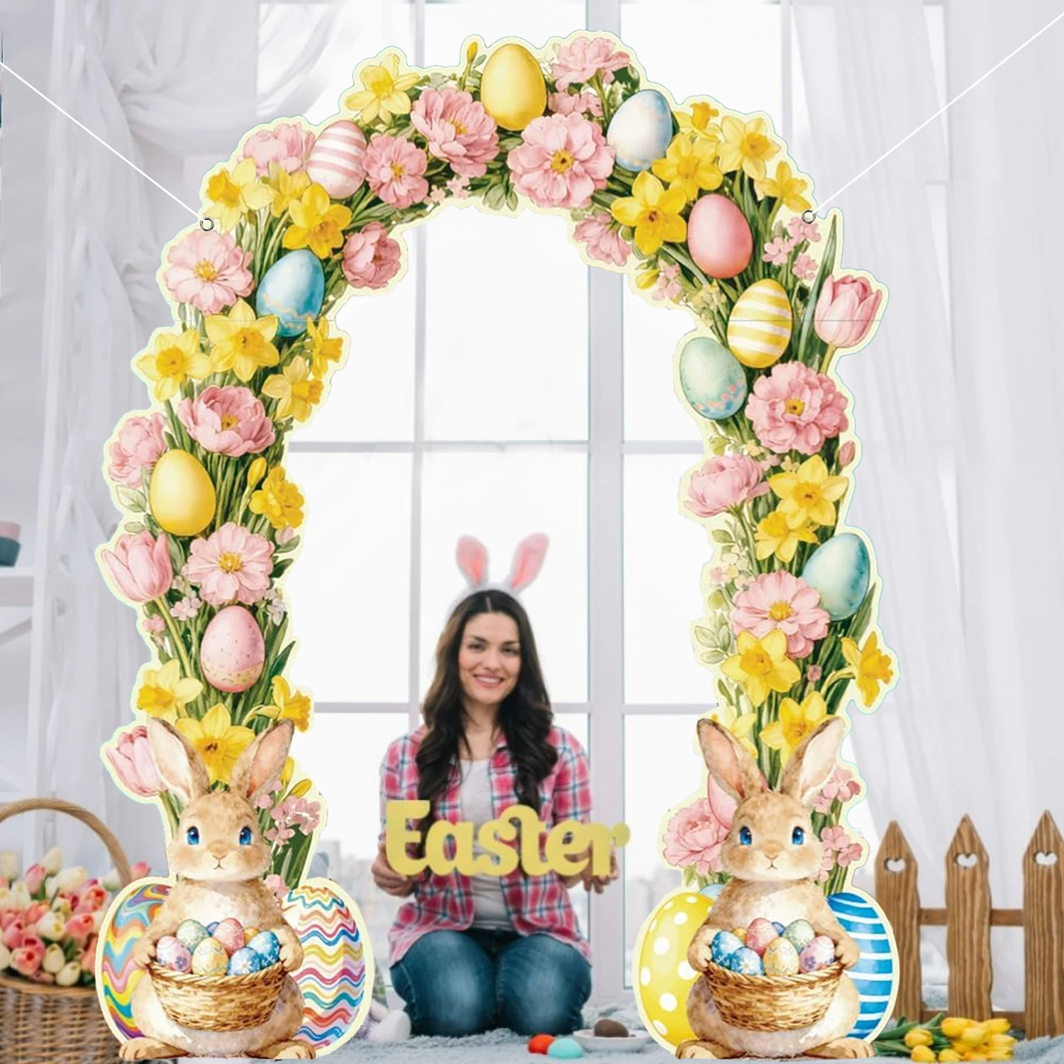 Cute Bunny Easter Door Baner Easter Porch Banner Happy Easter Party Photography Backdrop Spring Colorful Flower Rabbit Photograp - Detail 1