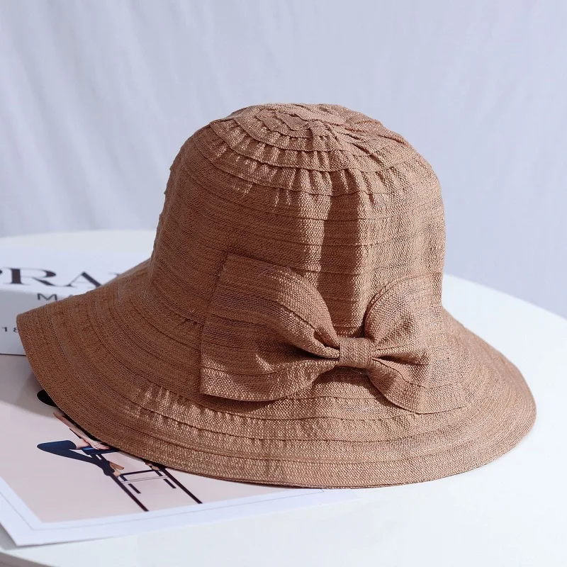 Women Bow Sun Hat With Wide Brim Foldable Removable Summer Sunscreen Anti UV Protection Fisherman Hat Lady Breathable Panama Hat