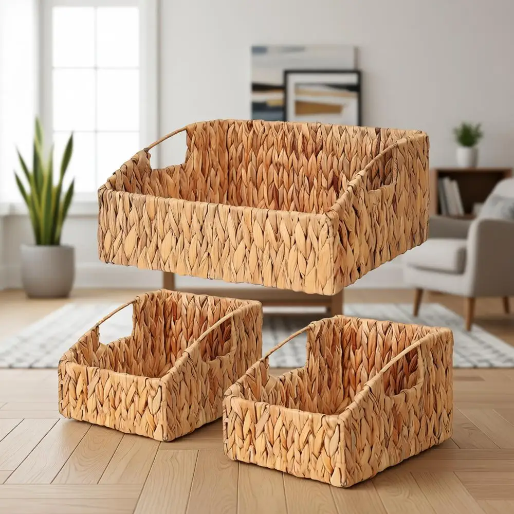 

Плетеные корзины для хранения из ротанга ручной работы с ручками для организации дома, натурального цвета
