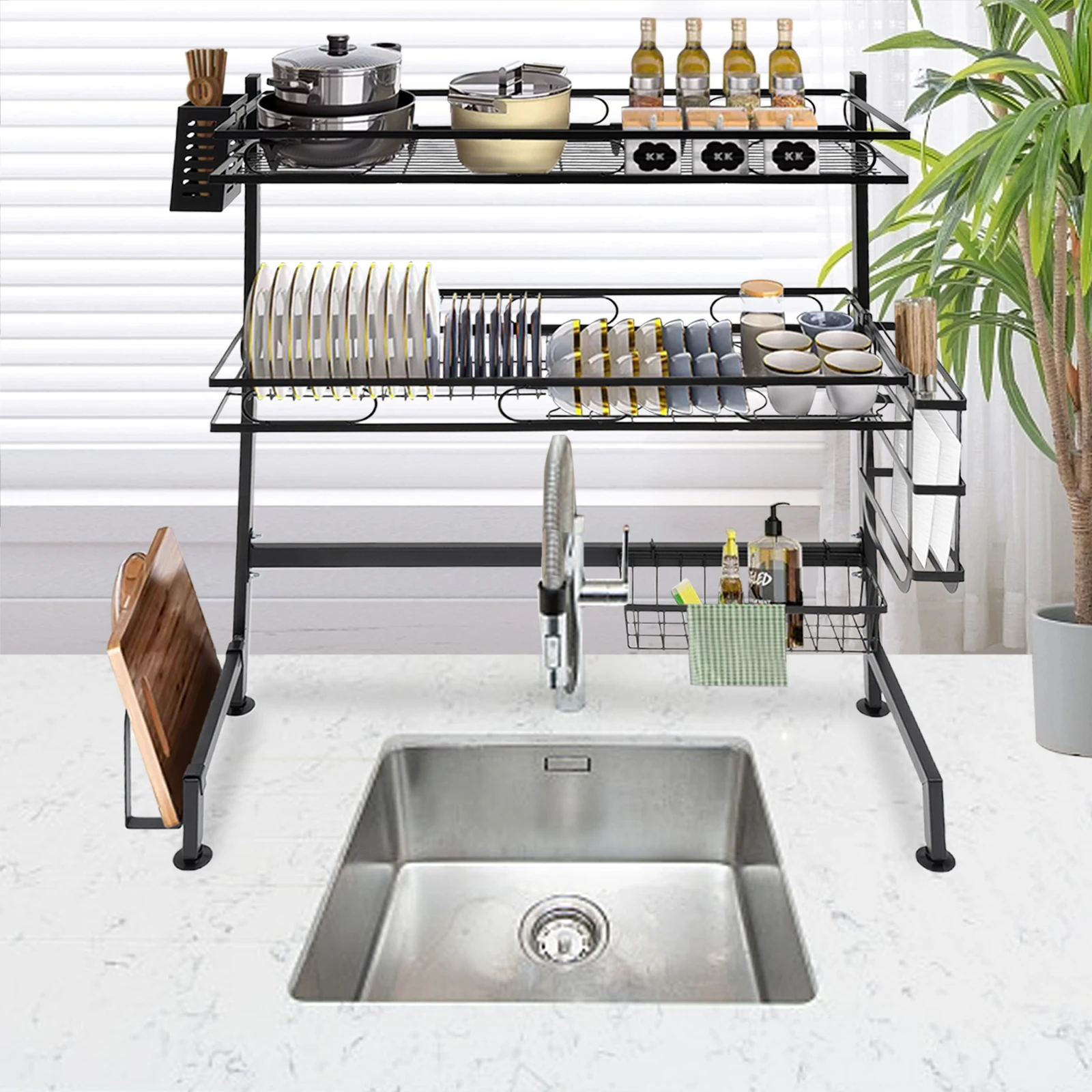 

High Load-Bearing Drain Rack, Multiple Racks and Hooks, Large Storage for Dishes, Plates, Kitchen Tools