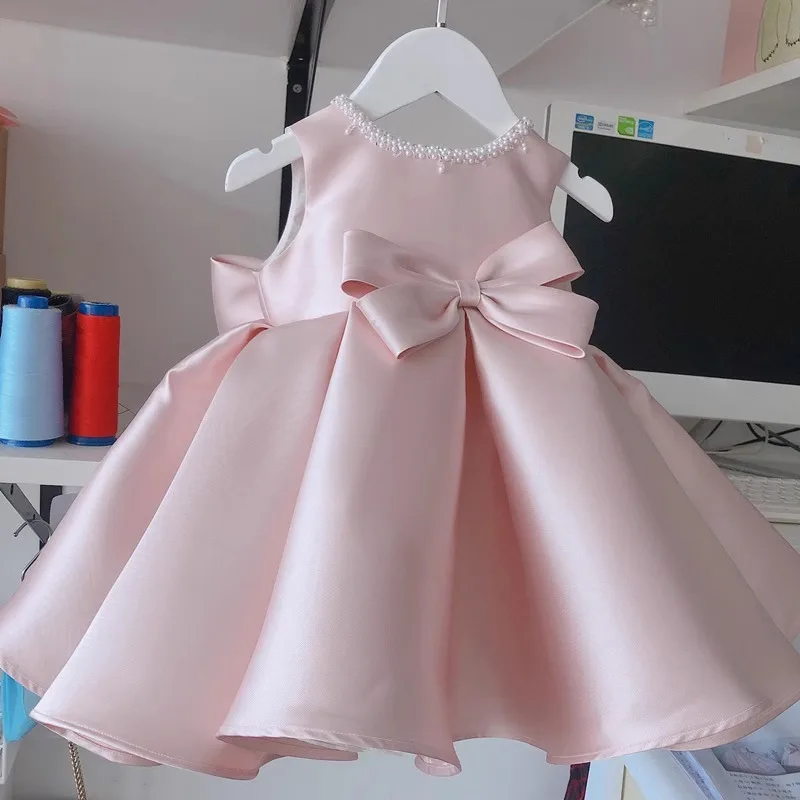 HETISO Kids Girls Elegant Dress Sleeveless Satin Beading Children Princess First Communion Ball Gown Present 1-12 Years