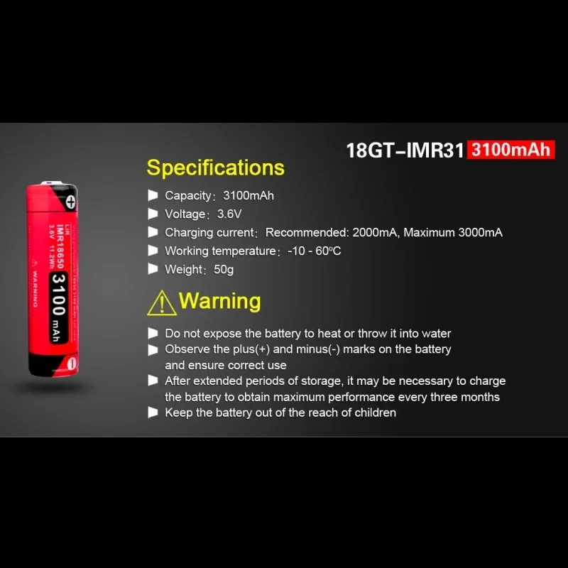 KLARUS 18GT-IMR31 18650 High Quality  Battery 3100 mAh IMR 18650 Lithium-ion Battery