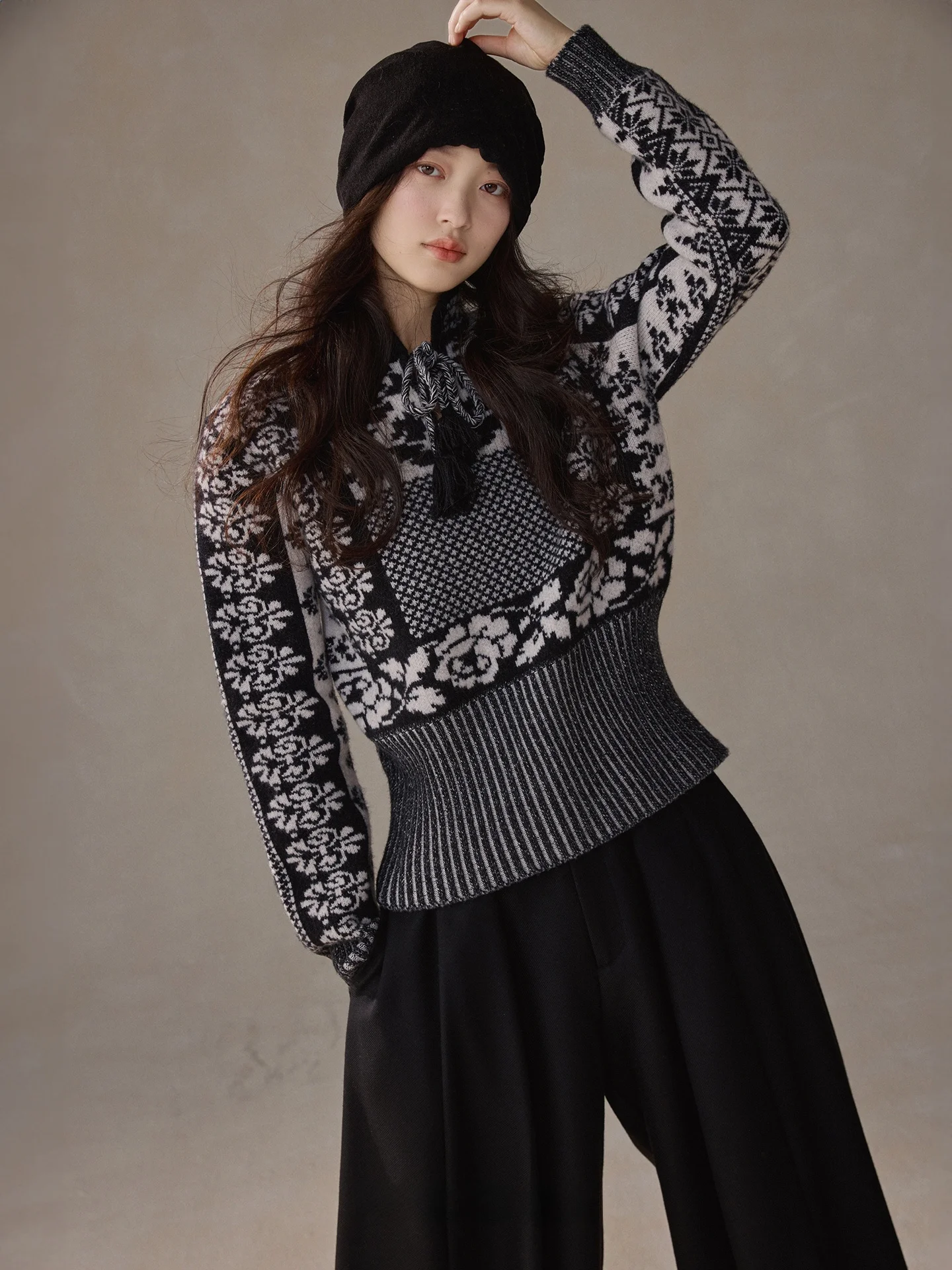 

Thiened Woolen Sweater Nordic Retro Weaving Flower 00 Wool around 650g Waist-Cinching Sle Casual Loose Long Sve