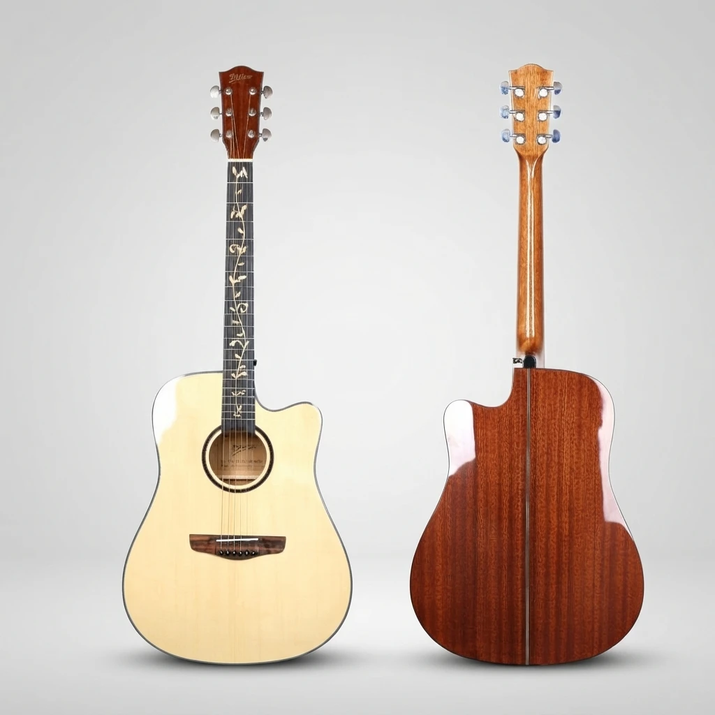 41 Inch Cutaway Acoustic Guitar 6 String Floral Inlay Fretboard Chrome Pegs White Edge Trim Solid Wood Body With Cutaway