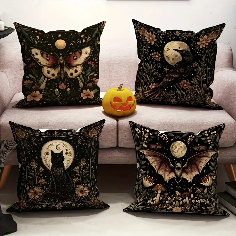 4Pcs Gothic Pillow Covers - Modern Raven/Bat/Black Cat Print Polyester Cushion Covers with Zipper for Multi-Scene Decor