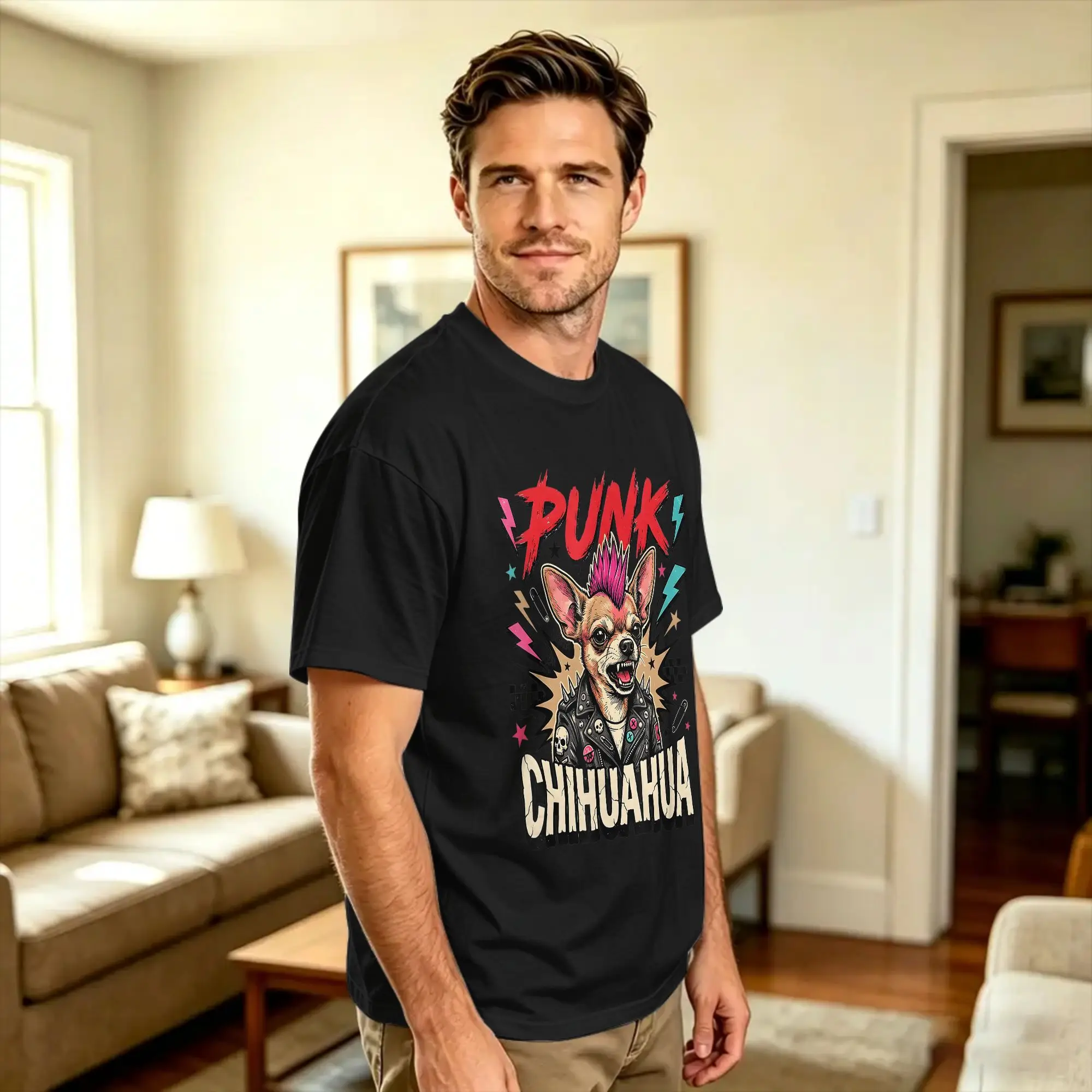 Casual T-Shirt Summer Vintage Punk Chihuahua Rock Chihuahua Mohawk Spiked Collar Hip Hop T Shirts  100% Cotton Tee Shirt for Man