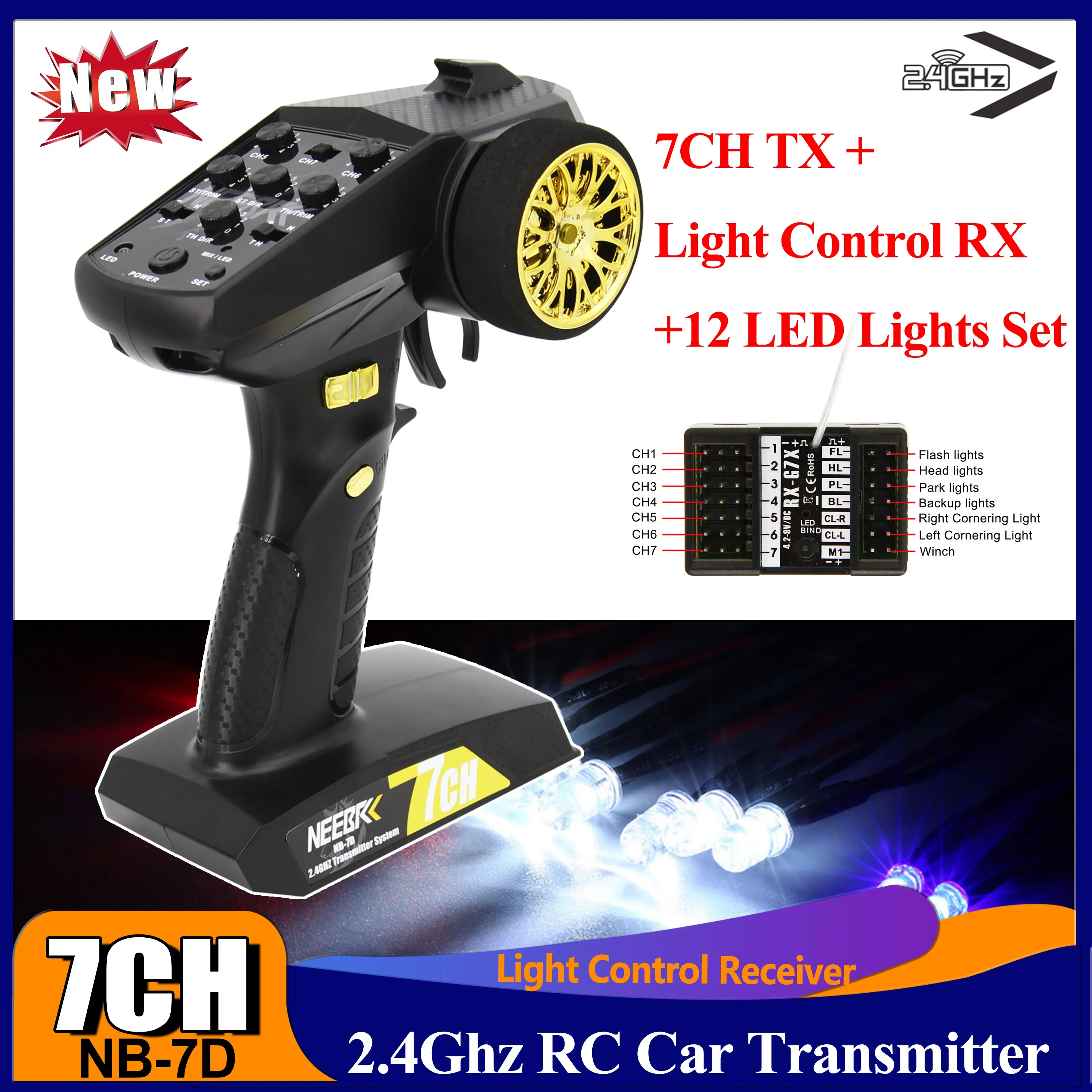 

7CH RC Car Transmitter Remote Controller Light Control Receiver 12 LED Light Set for RC Car Tank Boat Model PK DumboRC Radiolink