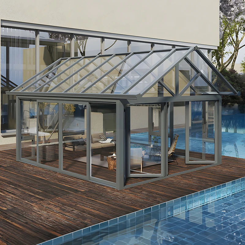 Retractable Polycarbonate Aluminum Sunroom Triangle Tempered Glass Swimming Pool Enclosure for Outdoor Use in Commercial Setting