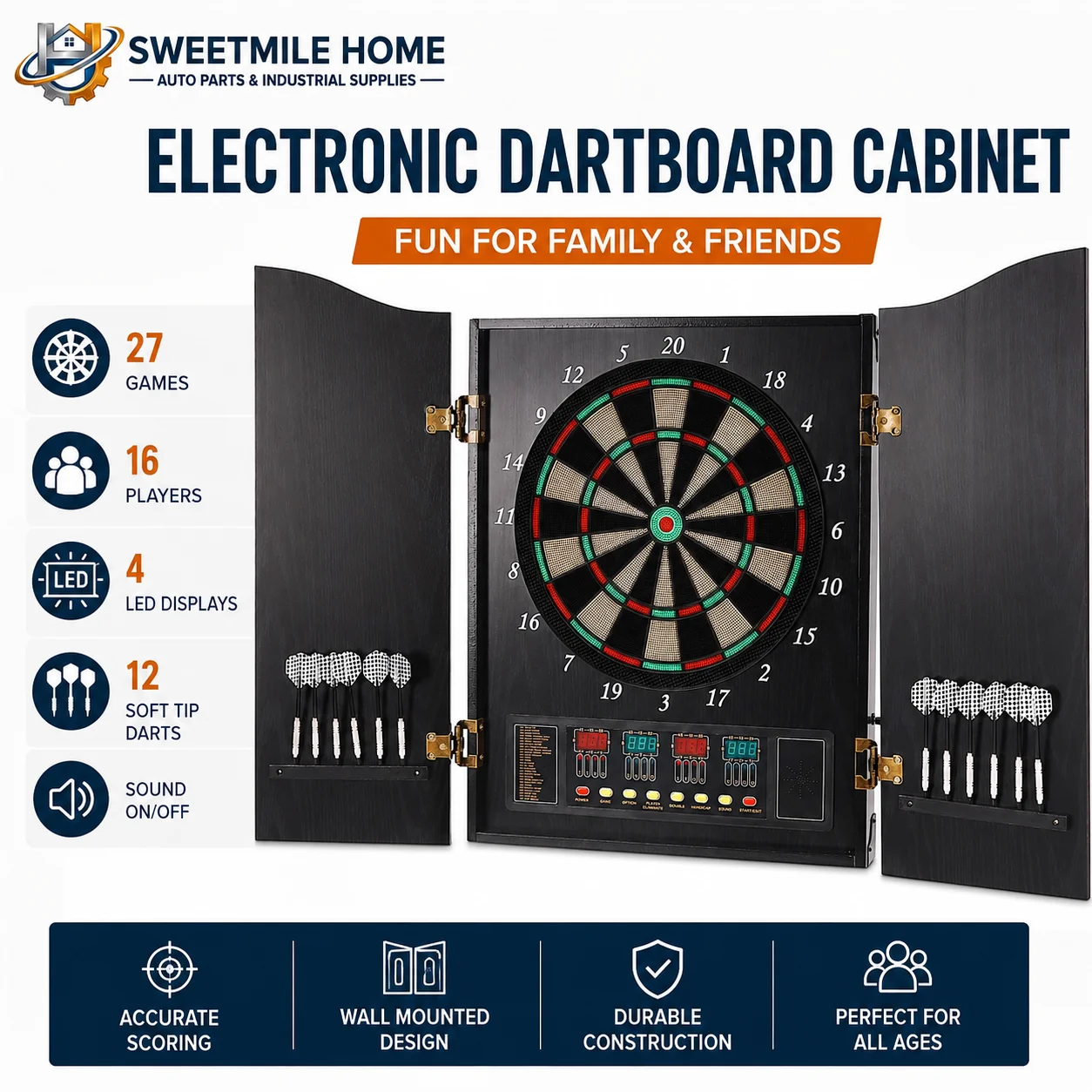 

Wall Mounted Electronic Dartboard Cabinet 4 LED Displays Digital Dart Machine 27 Games 16 Players with 12 Soft Tip Darts