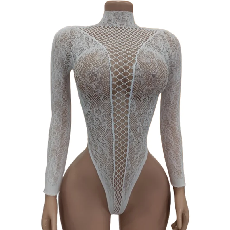 1 Women's Sexy Lingerie Bodysuit – Seductive Cut-Out Long-Sleeve Mesh Bodysuit
