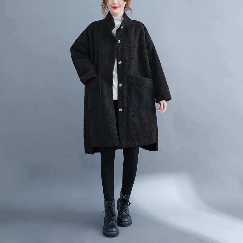 SuperAen 2025 Autumn and Winter New Stand-up Collar Single Breasted Polar Fleece Asymmetrical Long Coat Women's Oversize Coats