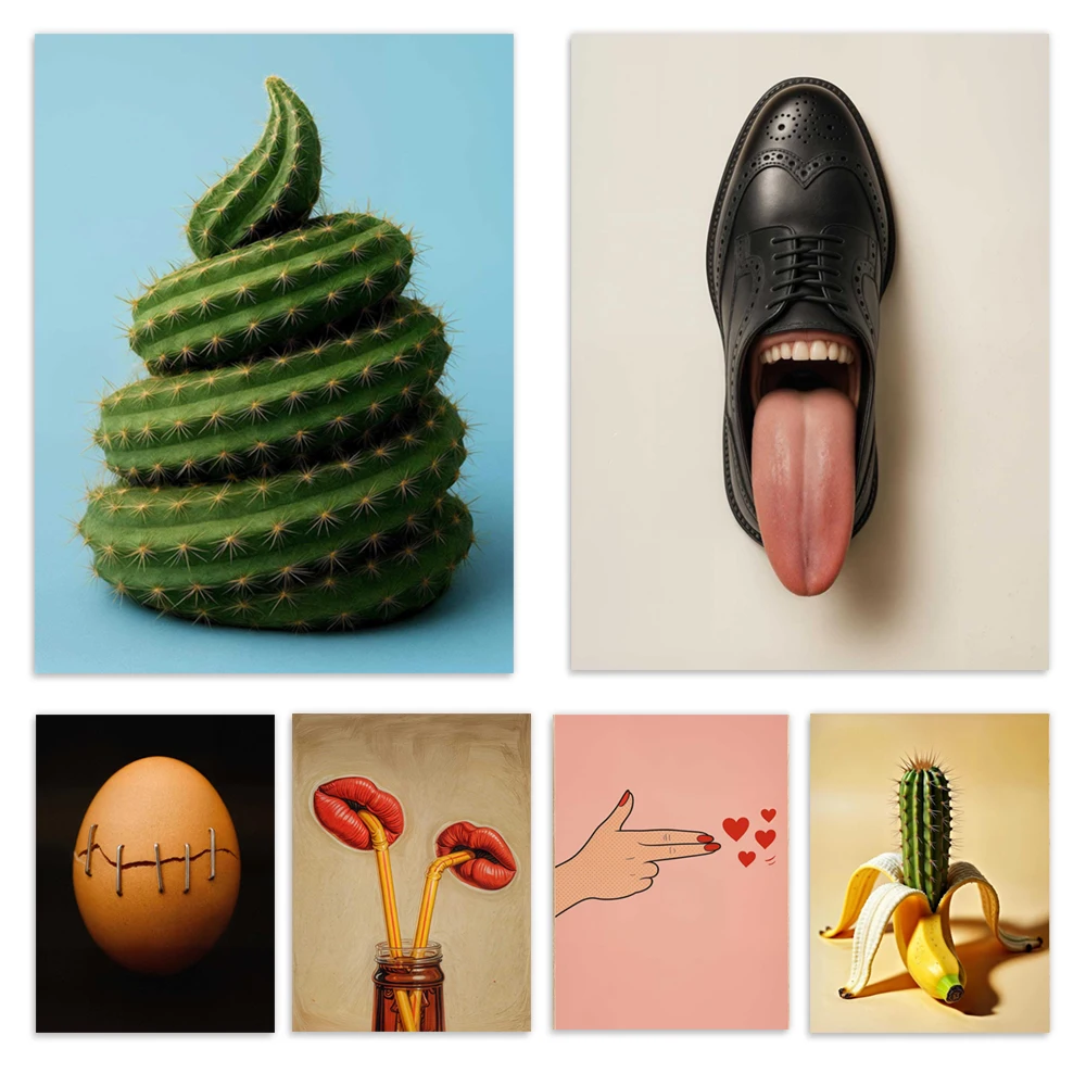 Funny shoe tongue, phone, lips zipper, cactus, love hand gesture, bee carrying rocks, vinyl eye art, whimsical home decor poster