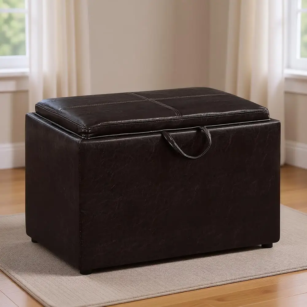 

Accent Storage Ottoman 22.75 - Foot Stool with Decorative Tray for Living, Dining, Office, Den, in Faux Leather
