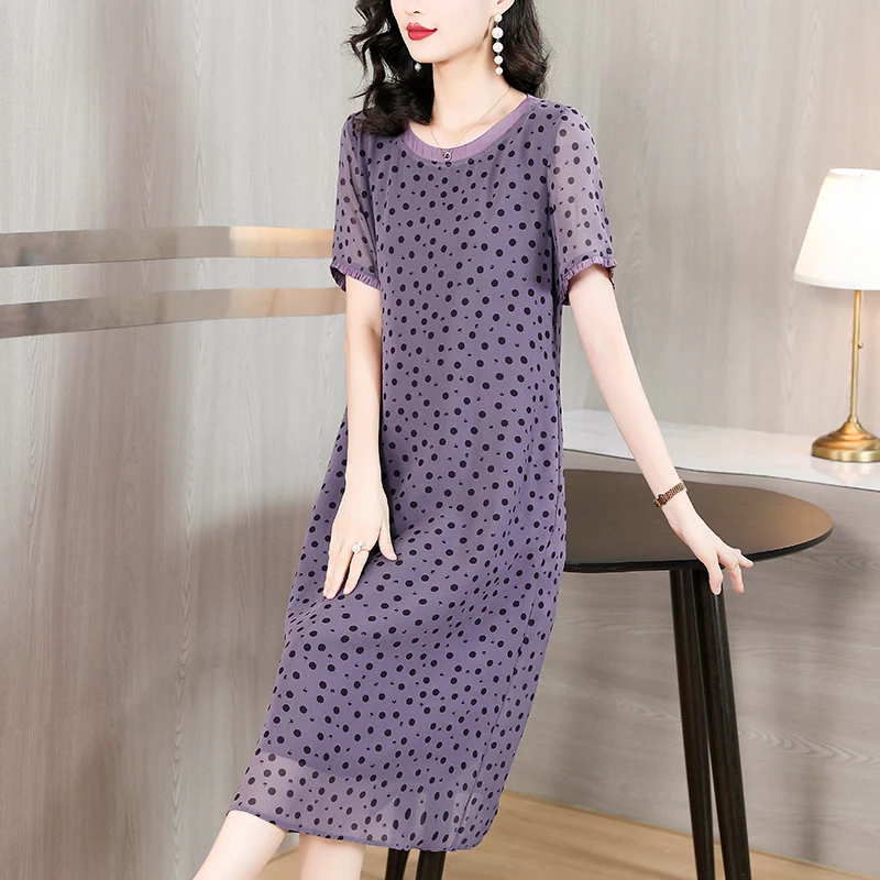 

2023 Summer Purple Silk Polka Dot Printed Short Sleeve Dress O-Neck Loose Slim Knee Length Dress Large Short Sleeve Women's Robe