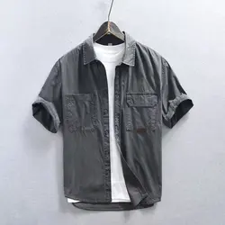 Camicia corta da uomo estiva camicia grigia da lavoro oversize Casual coreana classica abbigliamento da uomo retrò sport all'aria aperta durevole Top 2023 nuovo