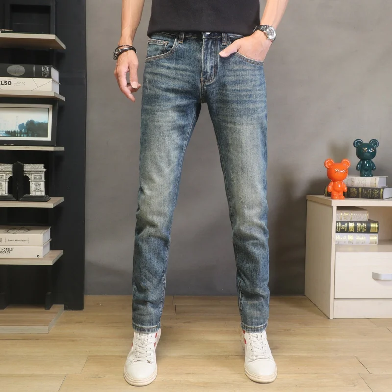 

2026 New Men's Jeans Vintage Slim Fit Stretch Casual Long Pants Fashion Trendy Versatile Slim Straight Trousers
