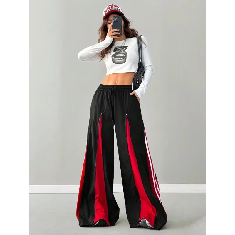 Y2K Hip Hop Women Wide Leg Trousers Red Black Color Splicing Zipper Decoration Elastic Waist Loose Streetwear Casual Pants For L