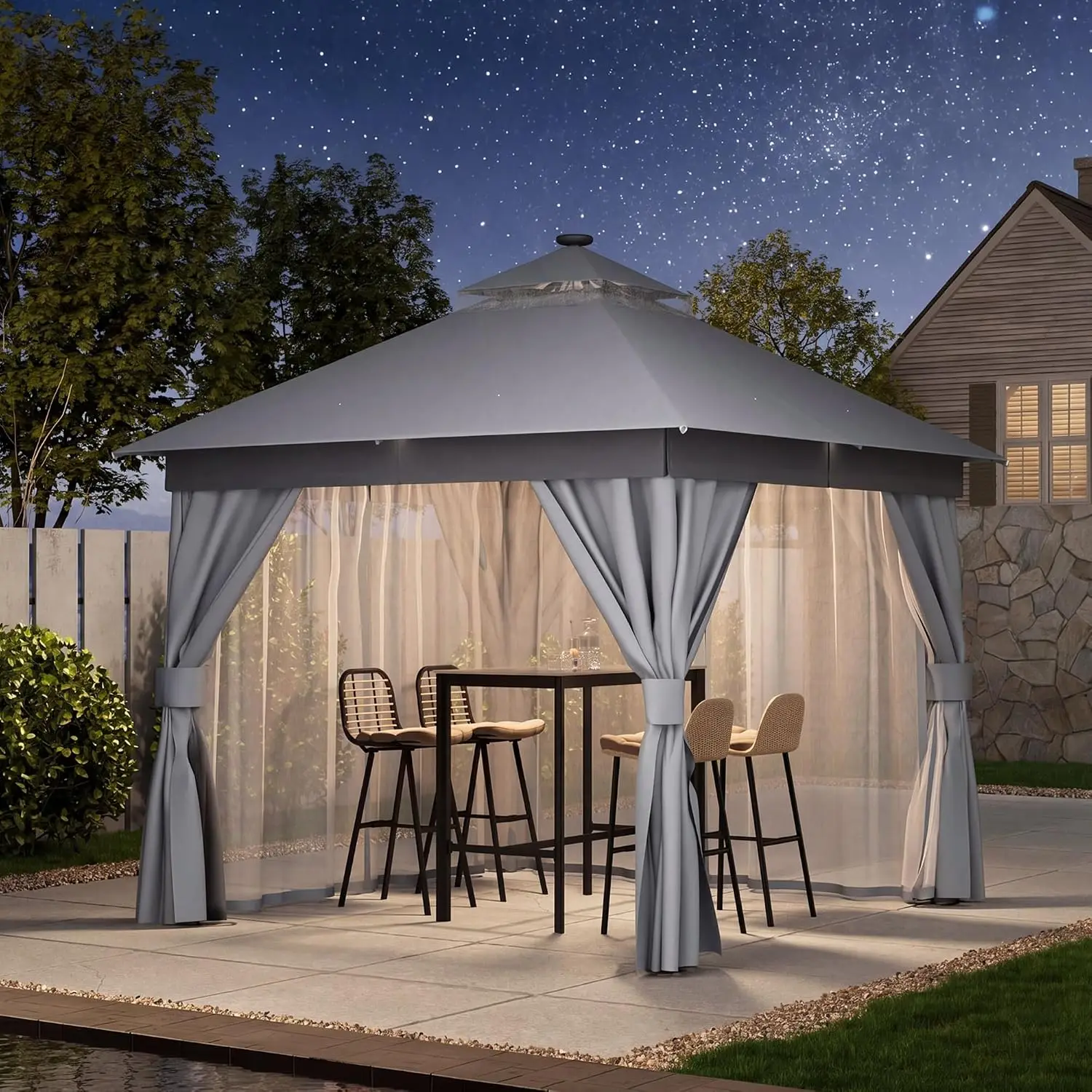 Gazebo 10'x10' Solar LED Lights Heavy Duty Tent Double Roof Mosquito Netting Privacy Curtains Backyard Garden, Customized
