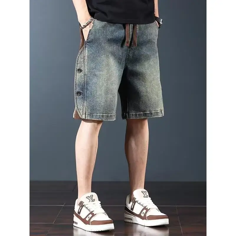 orts de Mezclilla con Cordón Elástico en la Cintura para Hombre, Estilo Americano de Alta Gama, Cinco Cuartos, Casus, Mo...
