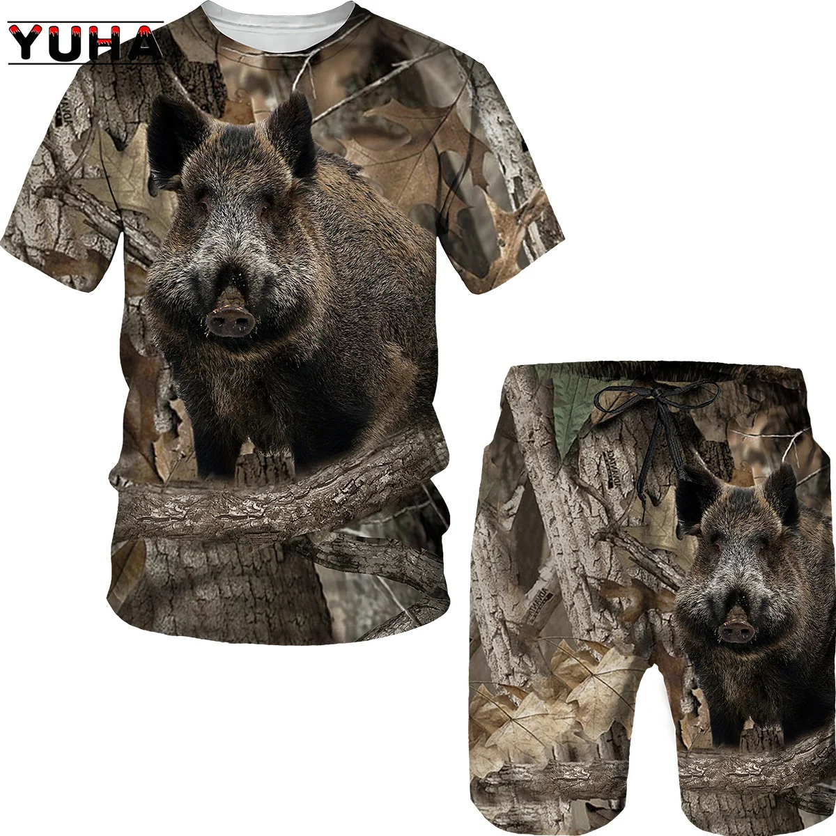 YUHA, Summer Casual Camouflage Hunting Animal Wild Boar \Fox 3D T-Shirt Fashion Men's Tracksuit Short Sleeve Sportwear Men Cloth