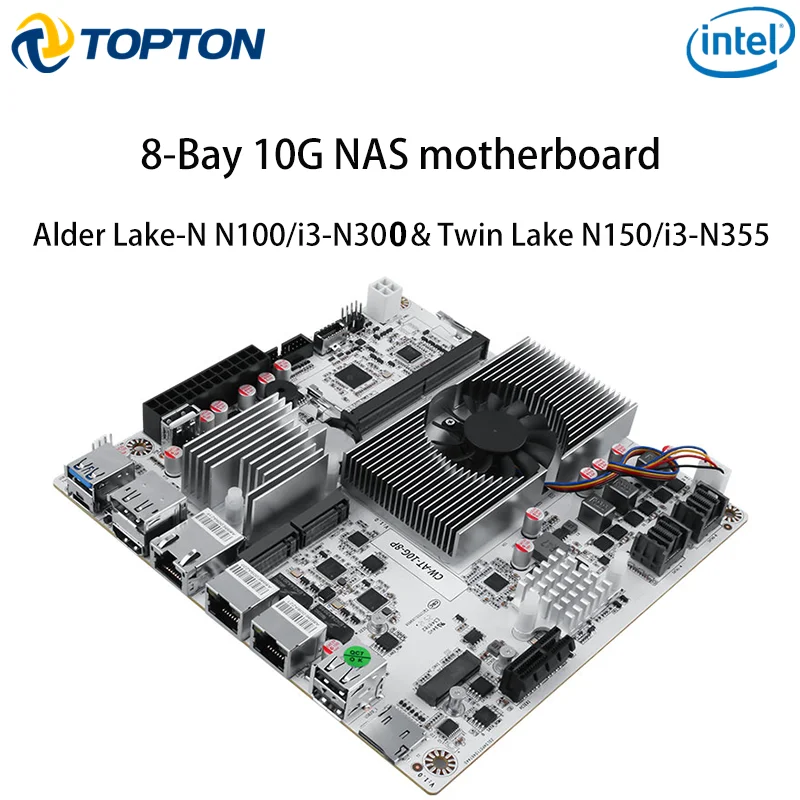 Placa base Topton de 8 bahías 10G NAS con Intel Core i3-N300 N150, 1 puerto LAN de 10G, 2 puertos LAN de 2.5G, 2 puertos NVMe, 2 puertos SFF-8643 a 8 puertos SATA PCIex1, placa base con firewall.