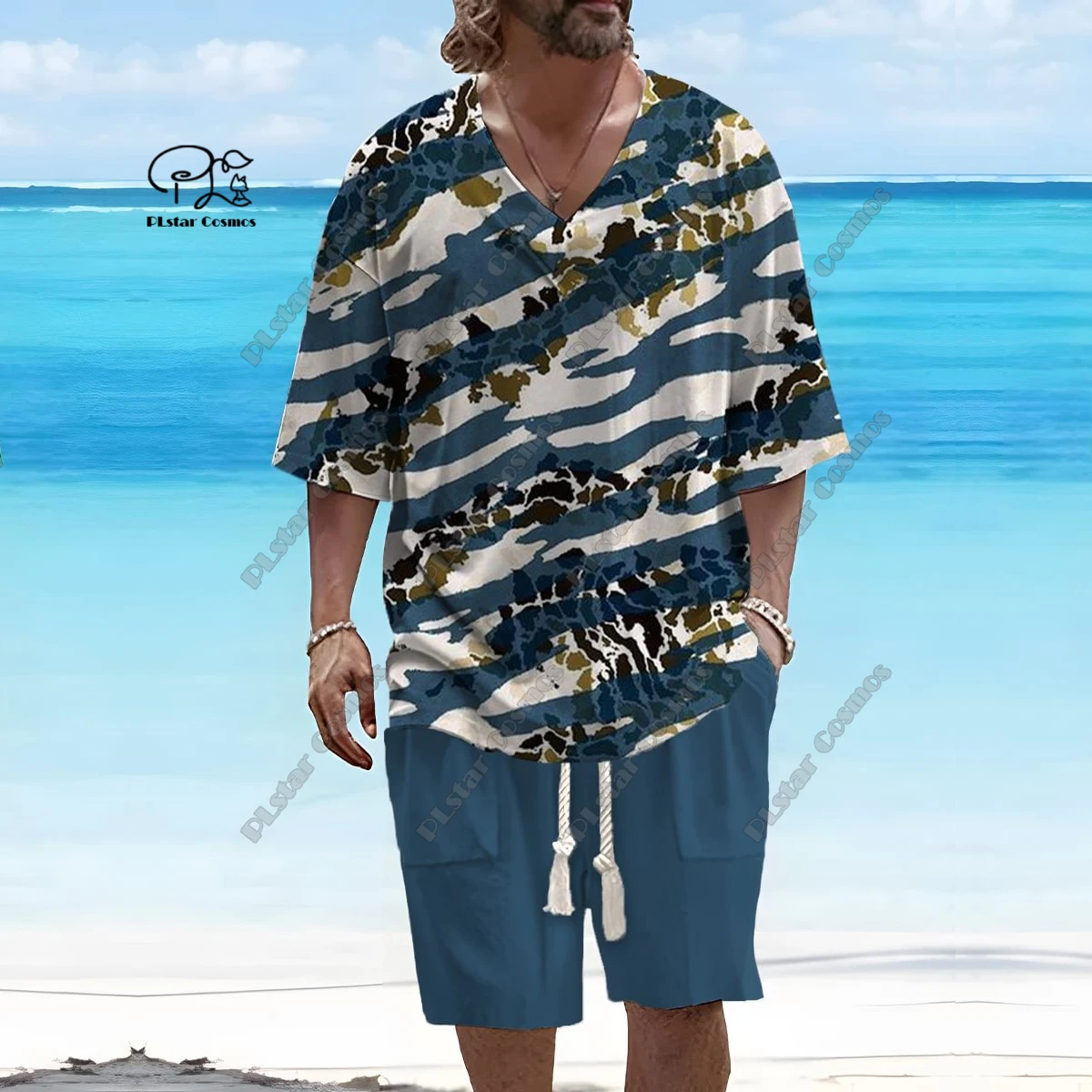 PLstar Cosmos 3D printed new men's V-neck gradient retro pattern short sleeved shorts T-shirt suit casual series T-22
