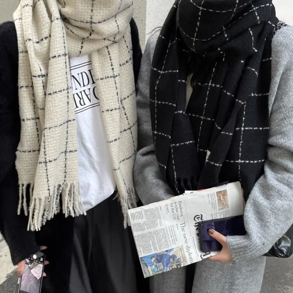 

Retro Tassel Plaid Wool Scarf Cashmere Shawl Wool Scarves Long Shawl Solid Color Korean Style Scarves Cape Wraps Autumn Winter