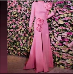 Scoggins Saudi Arabia Pink Elegant Evening Dresses flowers Long Sleeves Party Dress Mermaid Satin Formal Floor Length Women Prom