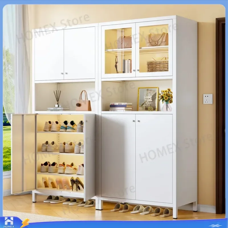 Modern White Metal Shoe Cabinet Entryway Storage Bench Living Room Corridor Partition Shelf Simple Iron Locker Organizer