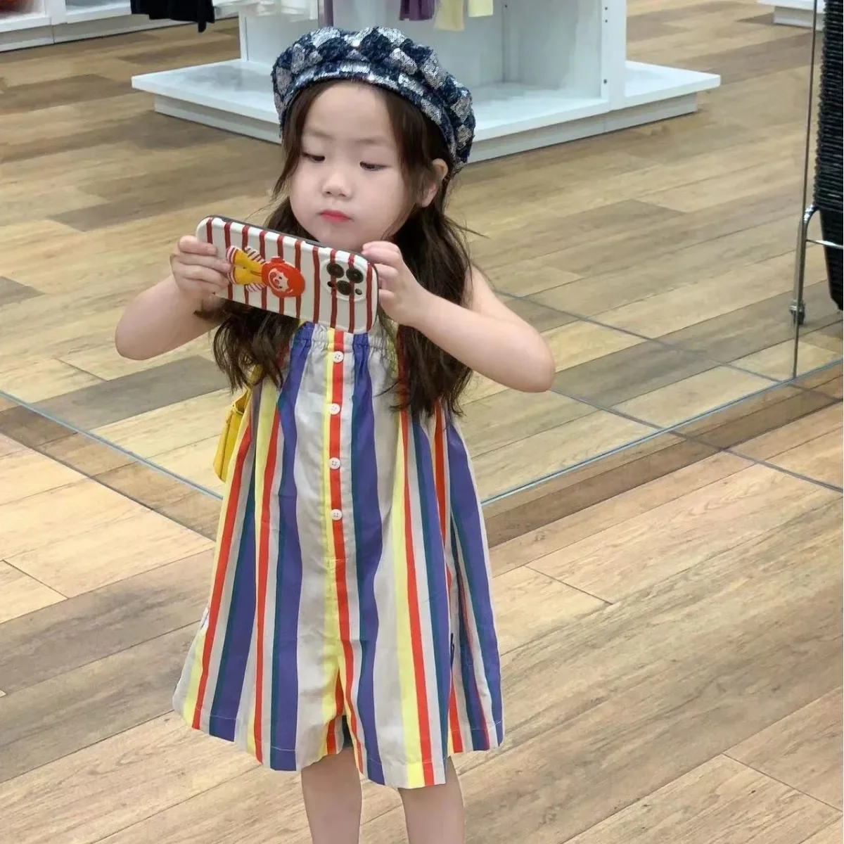 Girls' Fashionable Striped Suspender Jumpsuit Shorts Suspender Pants Children Clothing Summer Single Breasted Kids Fresh Rompers