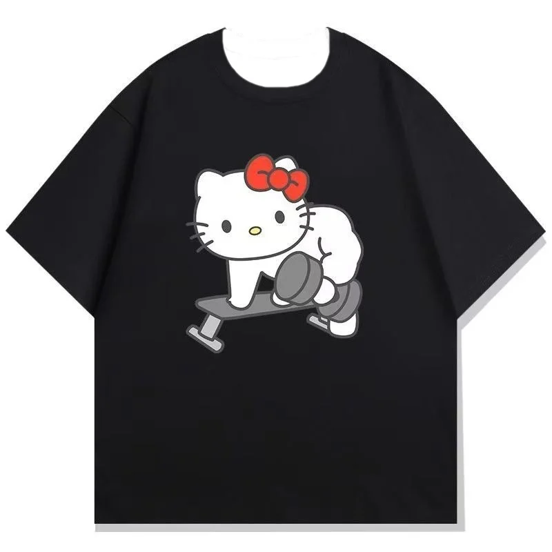

Sanrio Hello Kitty Fitness Single Arm Rowing Training T-shirt Summer Women's Plus Size T-shirt Loose Casual Short Sleeve Top