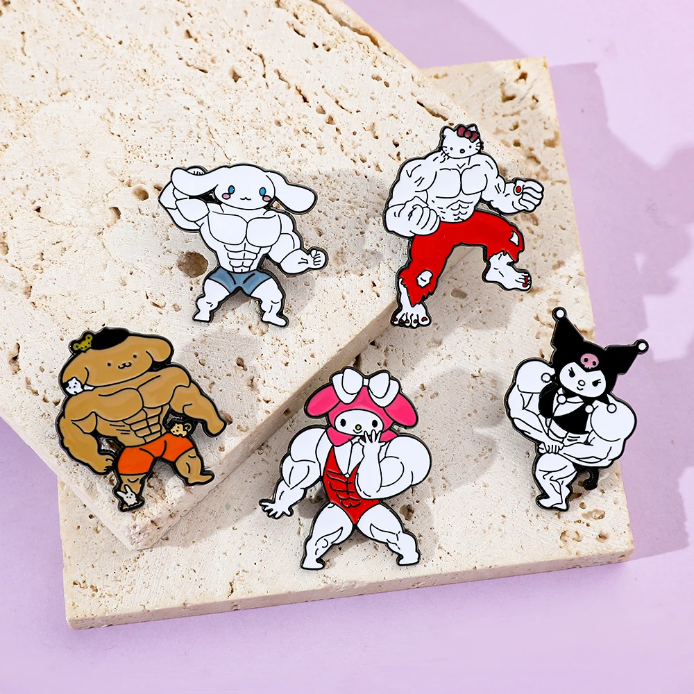 衣類用漫画ブローチセット、クリエイティブマッスル、ハローキティ、クルトミウムエナメルピン、バックパック、ジュエリー、メタルバッジアクセサリー、ギフト、5個