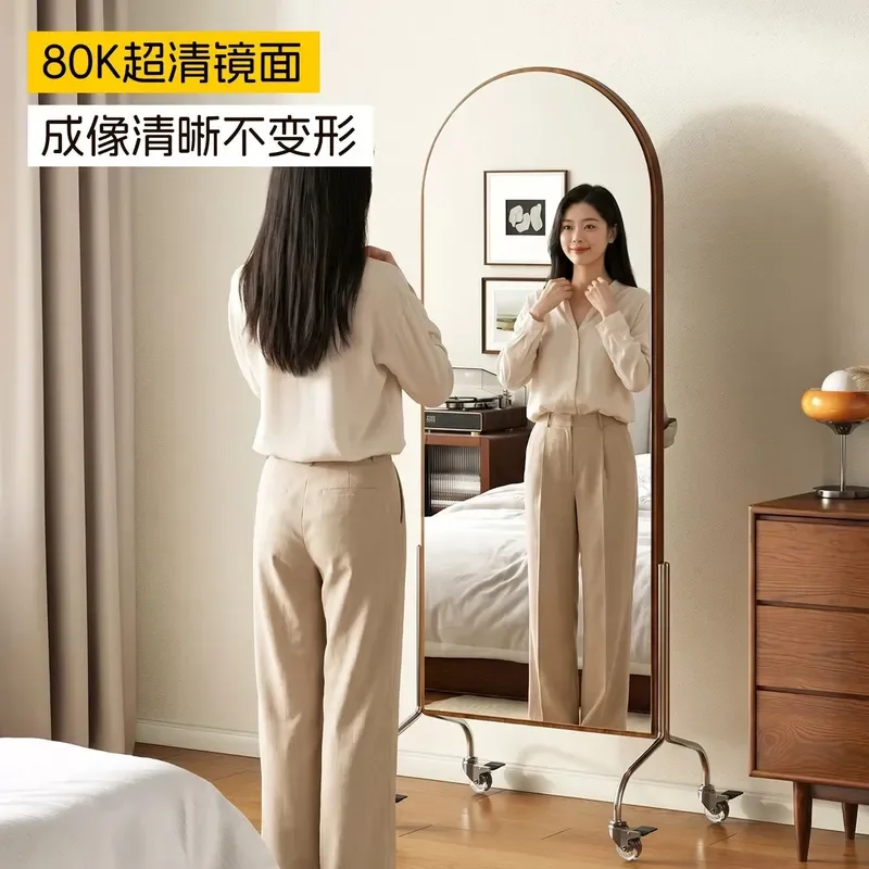 Movable Full Body Floor Mirror with Coat Rack Integrated Fitting Mirror for Girls Bedroom Household Hole Board Design