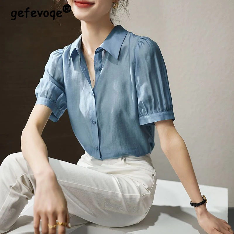 

2023 Summer Women's Korean Fashion Elegant Button Up Shirt Simple Business Casual Office Lady Blouse Chic Tops Blusas Para Mujer