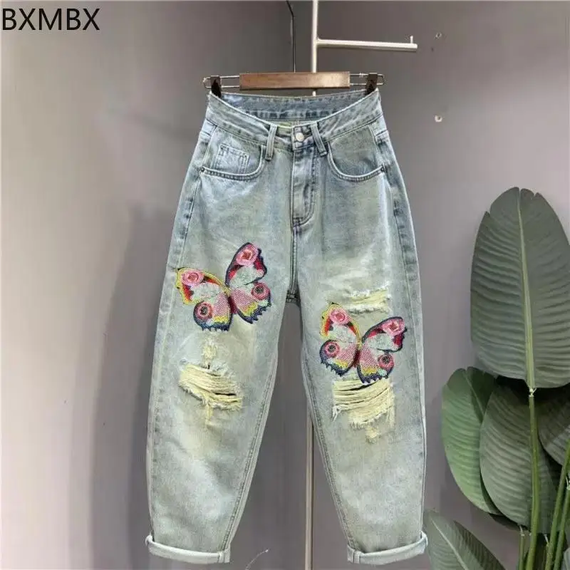 Embroidered butterfly ripped jeans women's casual Harlan pants 100kg large size loose and thin dad pants tide