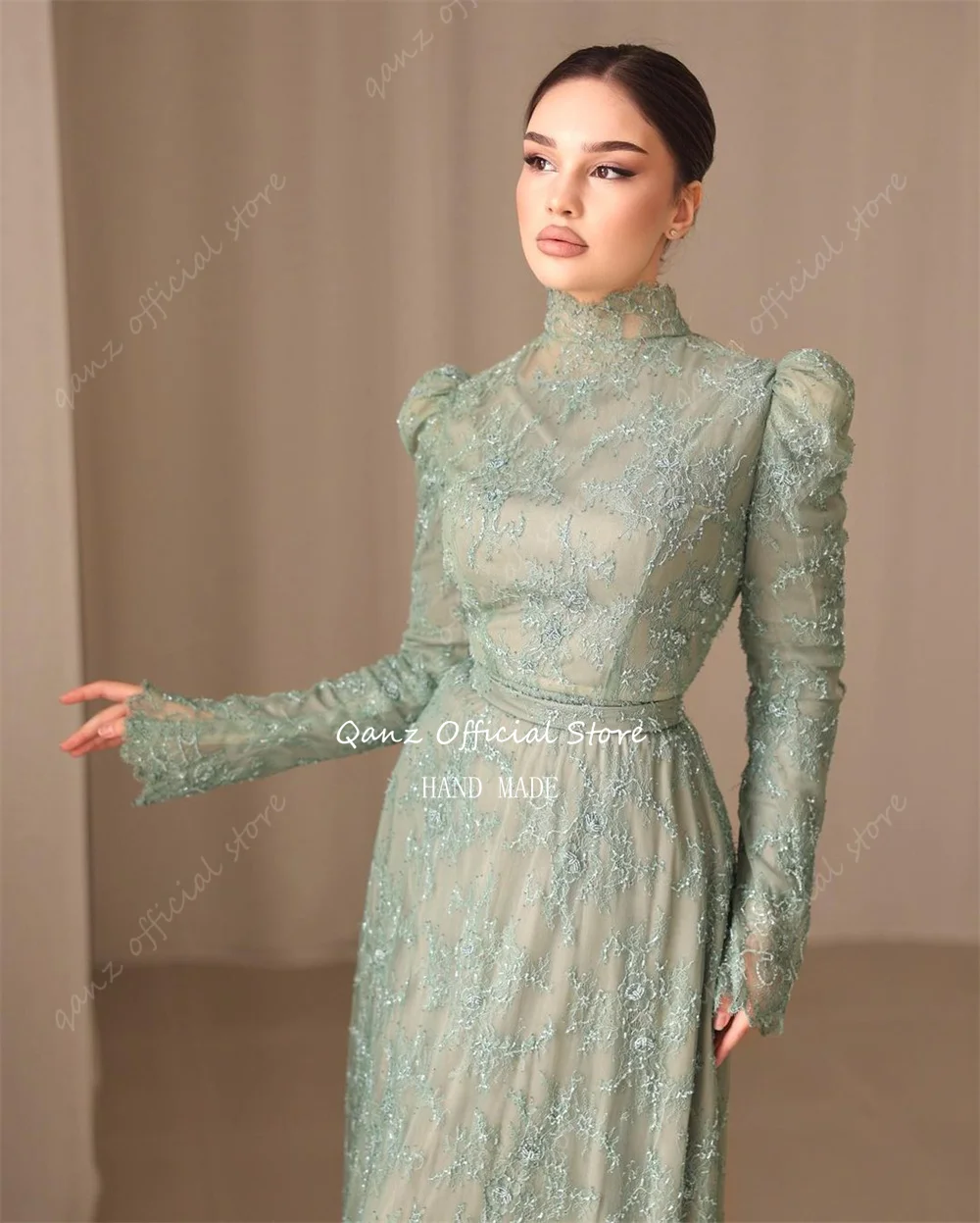 Qanz Sage Green Lace Evening Dresses Appliques Long Sleeves Formal Occasion Dresses Vestidos Para Eventos Especiales Customized