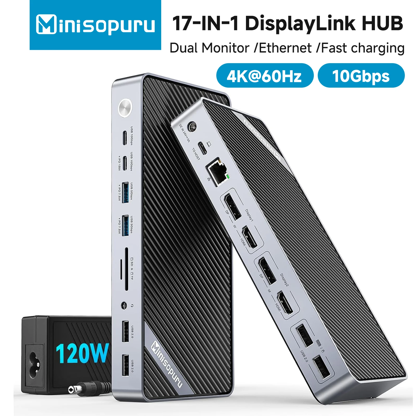 

Док-станция Minisopuru DisplayLink с двойным монитором и адаптером питания 120 Вт для MacBook M1/M2/M3/ Windows, док-станция для ноутбука, USB-концентратор