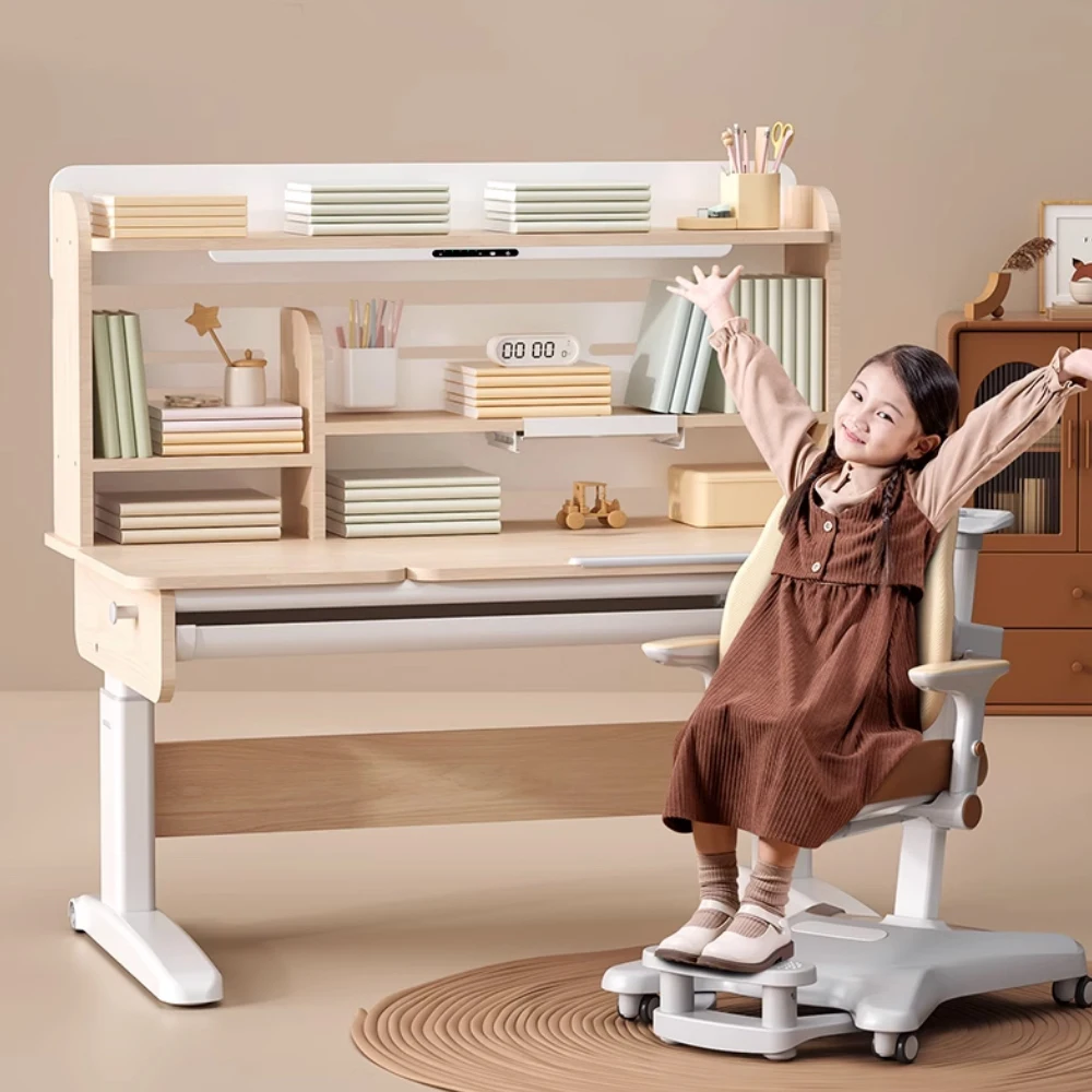 

High Quality Kids Learning Desk Height Adjustable Home Furniture Wooden Ergonomic Children Study Table and Chair with Bookshelf