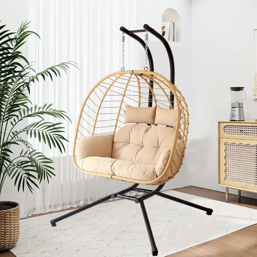 

Double Egg Chair with Stand, Patio Wicker Hanging Swing Egg Chair Thickened, Galvanized Pipe Steel Frame and UV Resistant Cushio