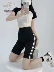 Women Five Point Shark Pants Contrast Striped Side Forking Cycling Shorts Summer Thin High Waist Yoga  Sport Fitness Leggings