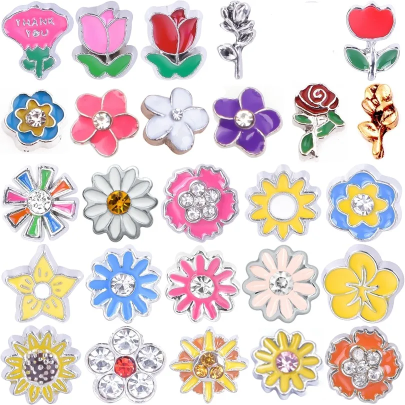 20Pcs/Lot Mix Enamel Sakura Daisy Flower Floating Charms Diy Rose Sun Flower кулон For Memory Relicario Locket Jewelry Making