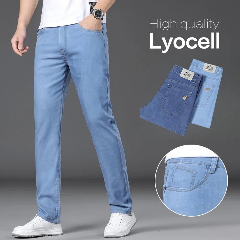 

Брендовая одежда, летние мягкие и удобные мужские джинсы из ткани лиоцелл, тонкие дышащие модные повседневные брюки прямого кроя, мужские брюки больших размеров 40