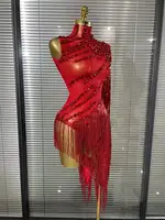 Black Red Women Sexy One Shoulder Shinning Crystal Sequins Tassels Bodycon Mid-calf Dress Nightclub Party Bar Dancer Costumes - Image 5