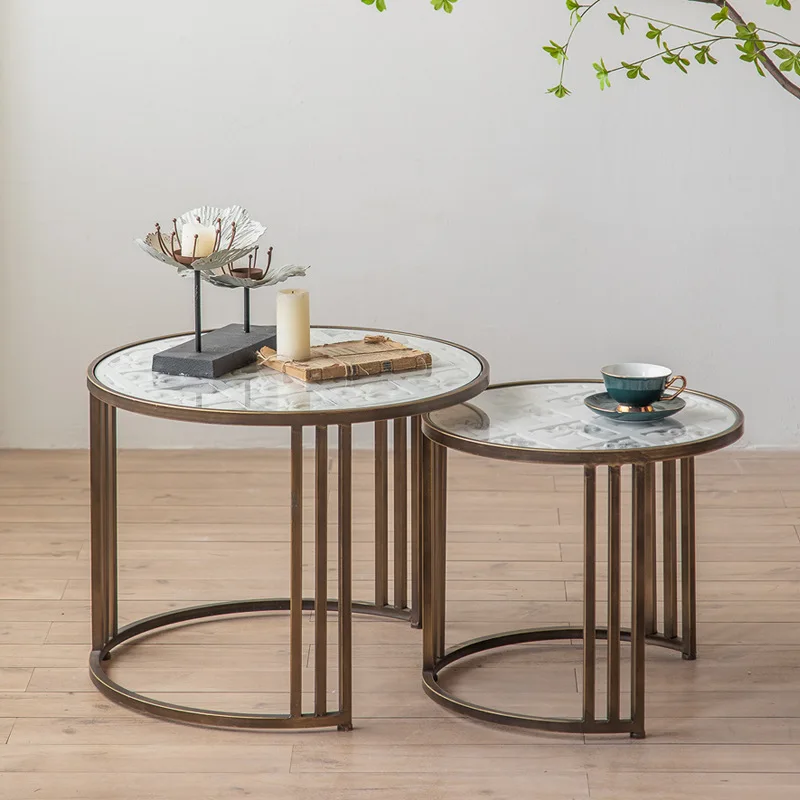 

American retro carved small round table wrought iron balcony casual tea table