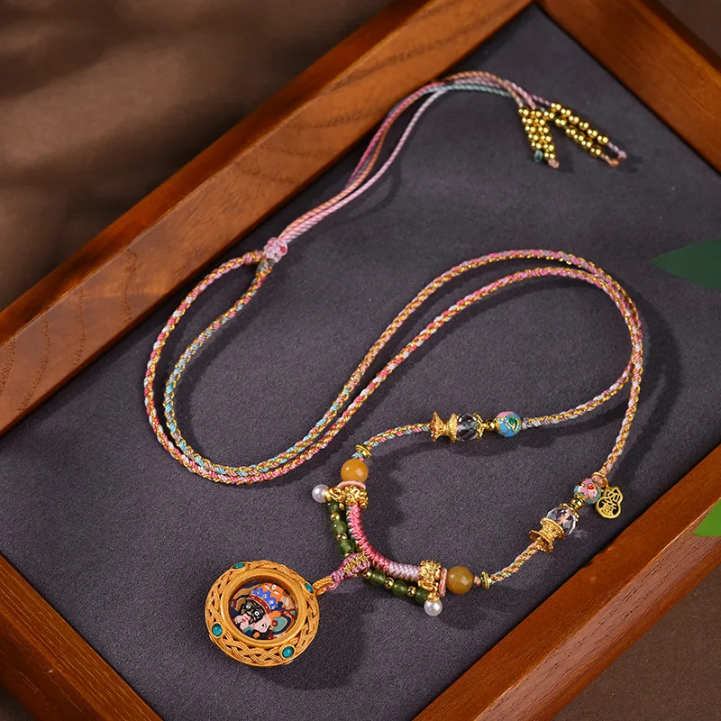 Tibetan Style Minimalist Thangka Zhajiram Pendant Necklace Rope Retro Ethnic Chinese Style Hand Braided Adjustable Neck Cord For