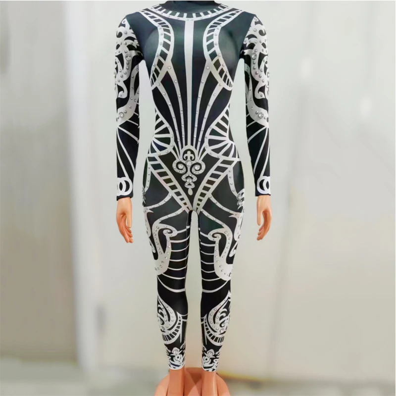 Full Rhinestones White Print Jumpsuit Nightclub DJ Gogo Dancer Wear Women Jazz Stage Festival Outfit Drag Queen Costume XS5984